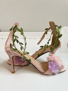 PINK SATINY OPEN TOE HEELS 3D FLOWERS PINK PURPLE TULLE GREEN VINE ANKLE STRAPS
